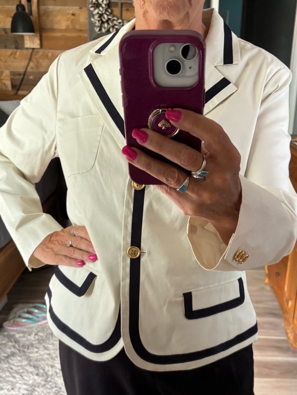 Talbots Off White  Blazer with Navy Trim and Gold Buttons